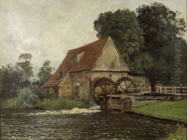 The Watermill at Lage near Neuenhaus Oil Painting by Julius van de Sande Bakhuyzen