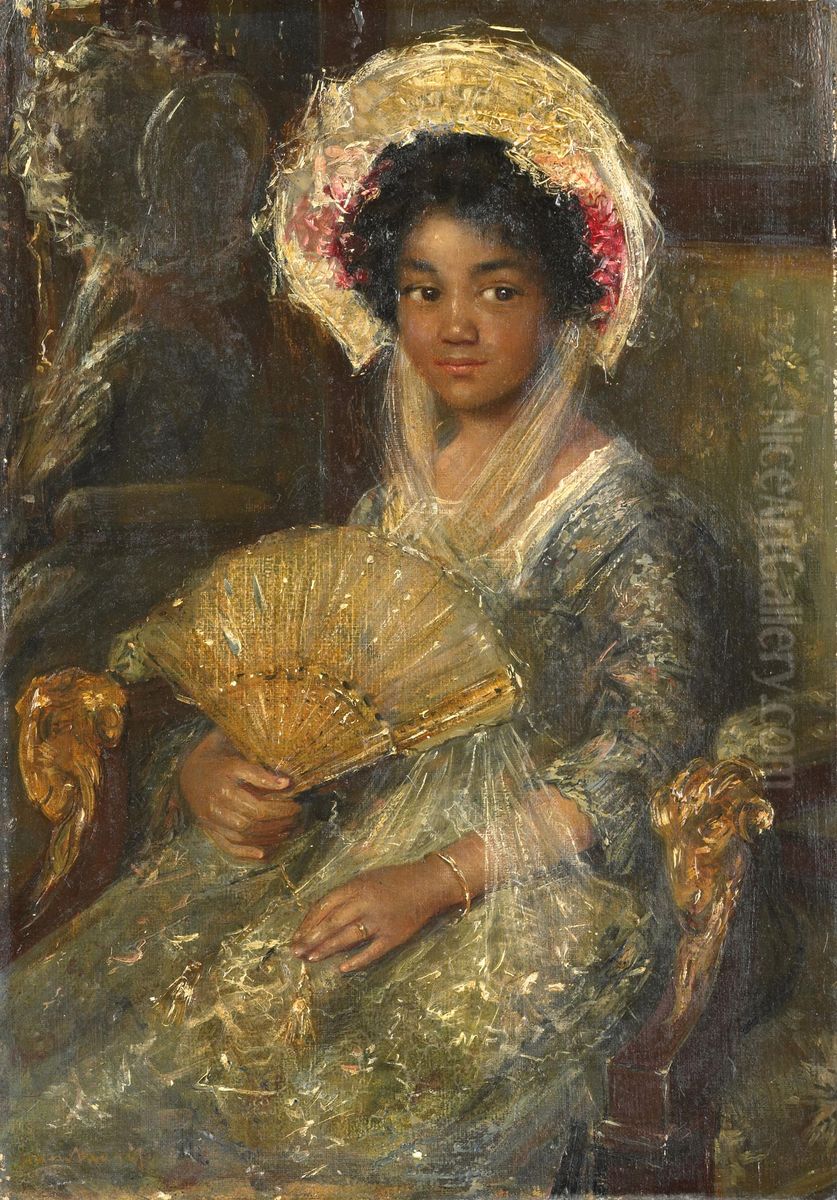 Young Girl holding a fan (old, Little negress) Oil Painting by Simon Maris