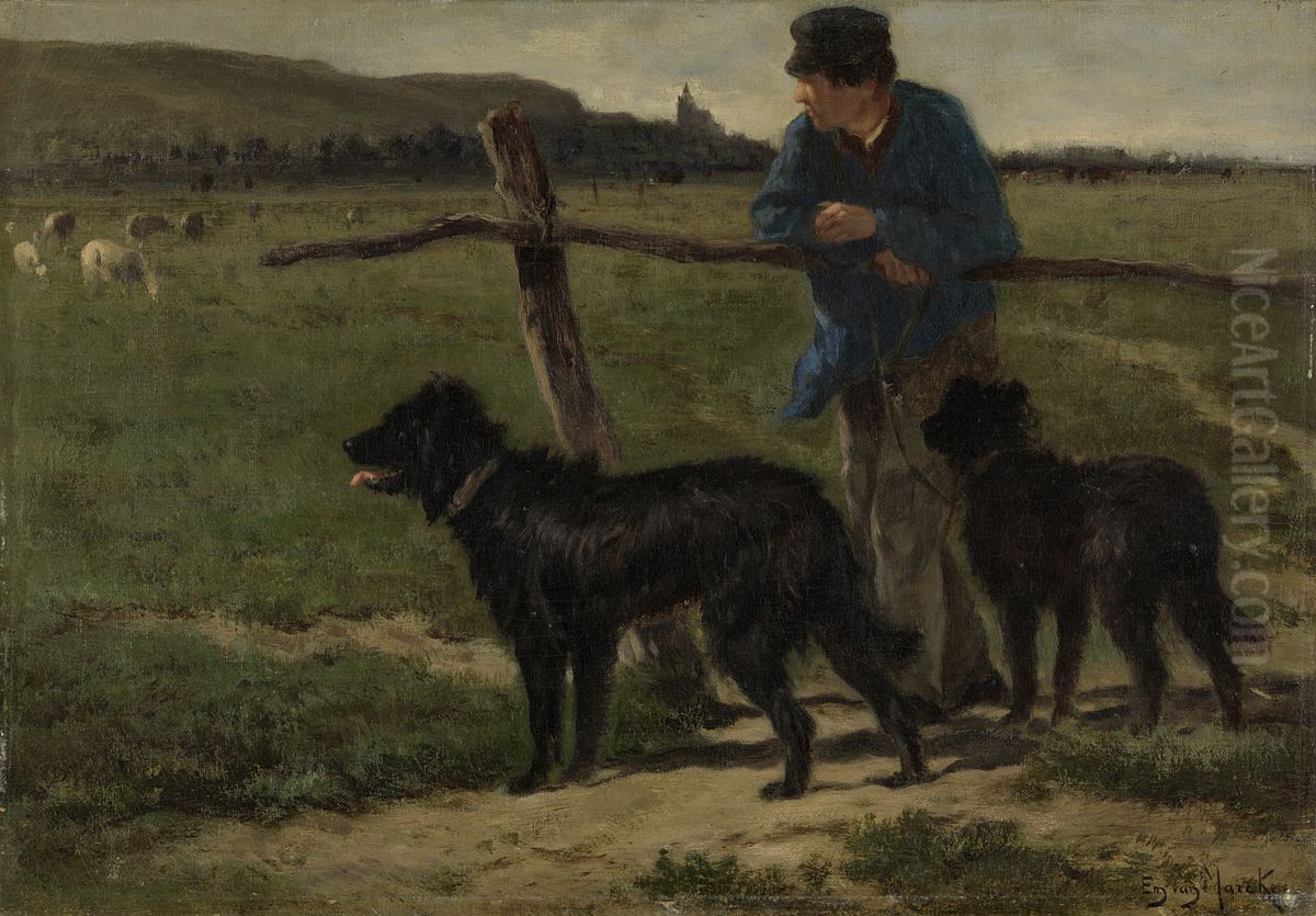 Boer met honden Oil Painting by Emile Van Marcke De Lumman