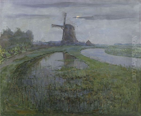 Oostzijdse Mill along the River Gein by Moonlight Oil Painting by Piet Mondrian