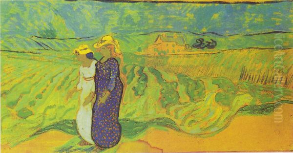 Zwei Madchen beim Spaziergang entlang der Felder Oil Painting by Vincent Van Gogh