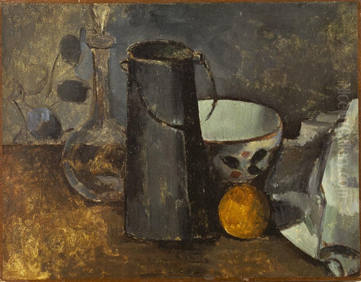 Carafe, boite a lait, bol et orange Oil Painting by Paul Cezanne
