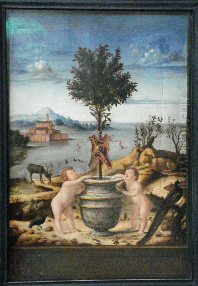 Portrait d'homme (Giulio Mellini ?). Au revers, Paysage avec un oranger sur lequel sont accroches deux ecussons dont l'un porte des armoiries qui ont ete identifiees avec celles de Giulio Mellini Oil Painting by Marco Marziale