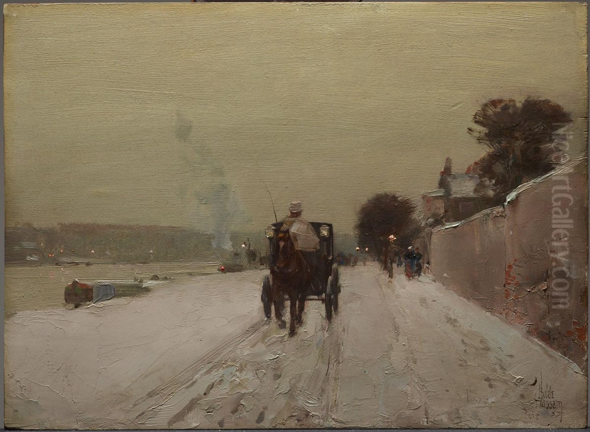 Along the Seine, Winter Oil Painting by Childe Hassam