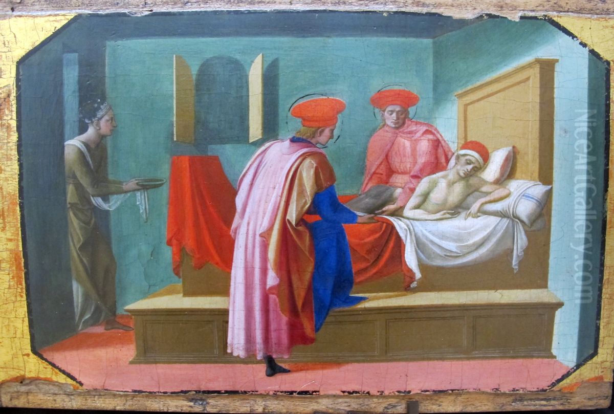 Saint Francois d' Assise recevant les stigmates, saint Cosme et saint Damien soignant un malade Oil Painting by Pesellino
