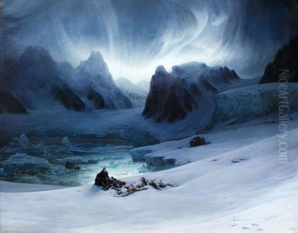 Magdalena-Bay, vue prise de la presqu'ile des Tombeaux, au nord du Spitzberg; effet d'aurore boreale. Oil Painting by Francois-Auguste Biard