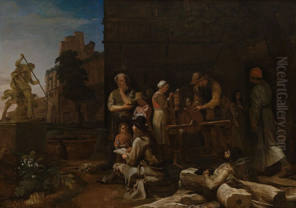 Roman street scene with a a young artist drawing Bernini's 