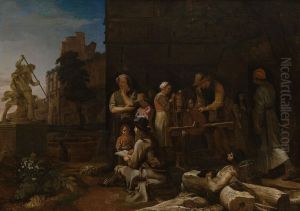 Roman street scene with a a young artist drawing Bernini's 