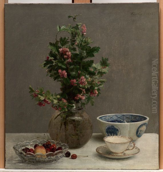 Still Life with Vase of Hawthorn, Bowl of Cherries, Japanese Bowl, and Cup and Saucer Oil Painting by Henri Fantin-Latour