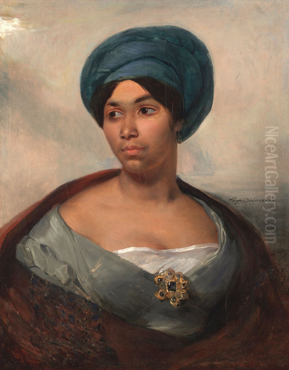 Portrait d'une femme coiffee d'un turban bleu Oil Painting by Eugene Delacroix