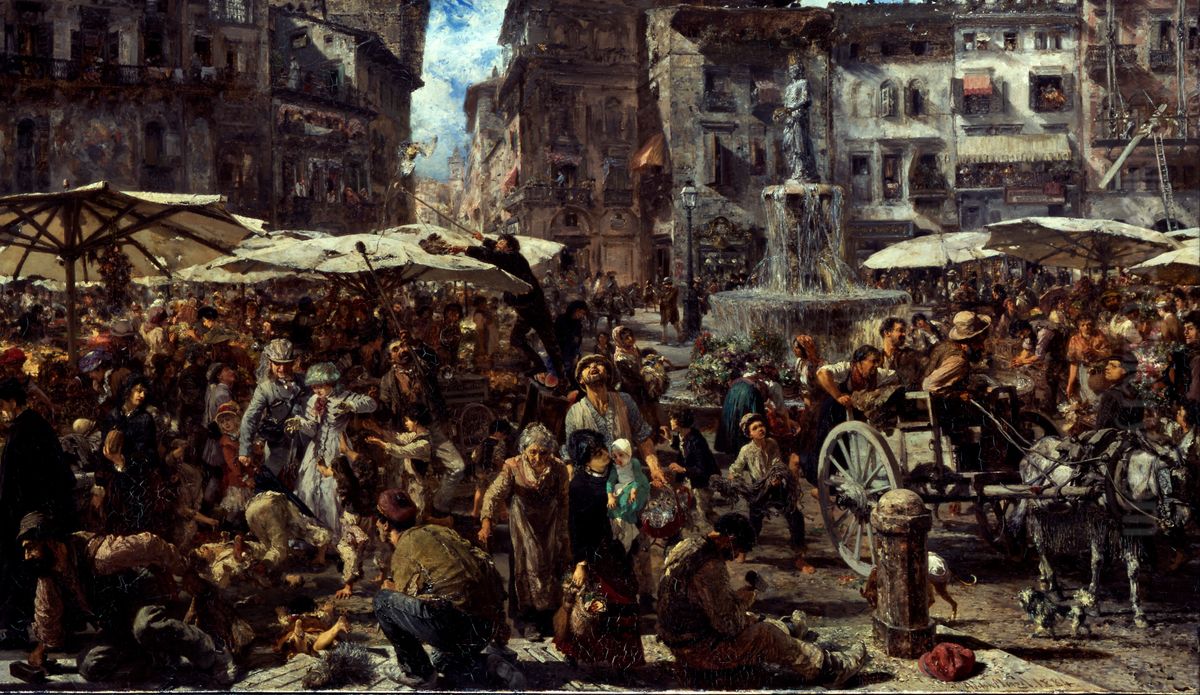 Piazza d'Erbe in Verona / Marketplace in Verona Oil Painting by Adolph von Menzel