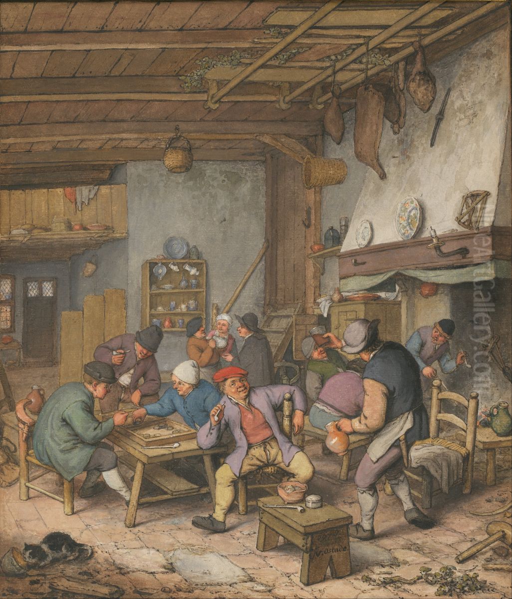 Room in an Inn with Peasants Drinking, Smoking and Playing Backgam, 1678 Oil Painting by Adriaen van Ostade