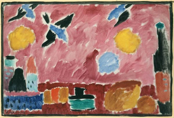 Still Life with Bottle, Bread and red Wallpaper with Swallows Oil Painting by Alexei Jawlensky