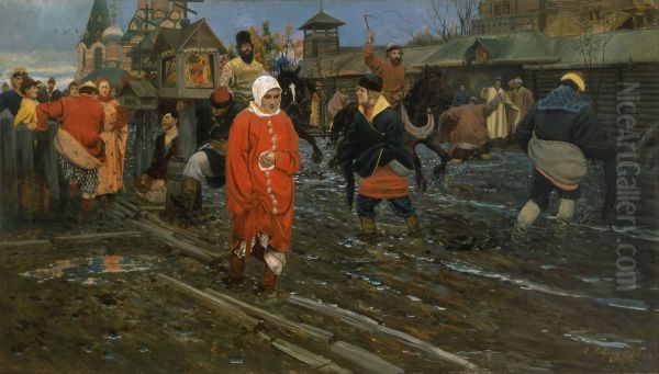 Seventeenth-Century Moscow Street on a Public Holiday Oil Painting by Andrei Petrovich Ryabushkin