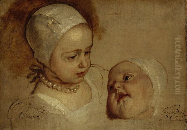 Princess Elizabeth, 1635 - 1650 and Princess Anne, 1637 - 1640. Daughters of Charles I Oil Painting by Anthony Van Dyck