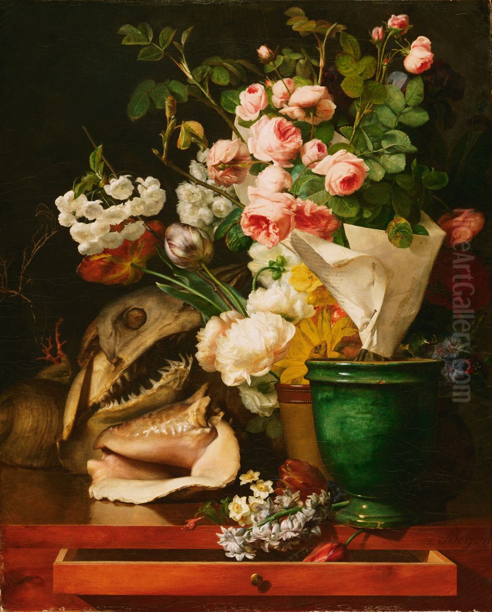 Still Life with Flowers, Shells, a Shark's Head, and Petrifications Oil Painting by Antoine Berjon