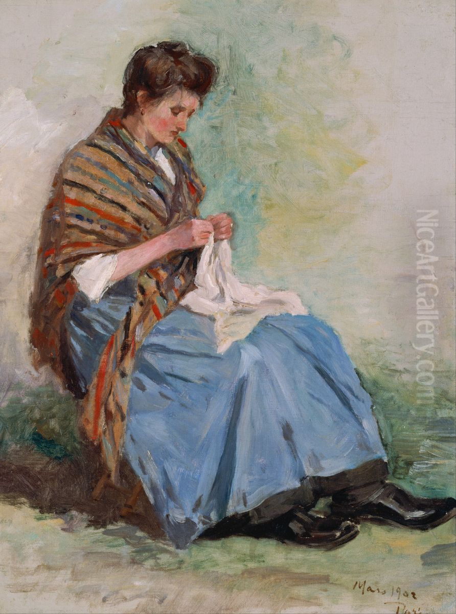 Woman Sewing Oil Painting by Asai Chu