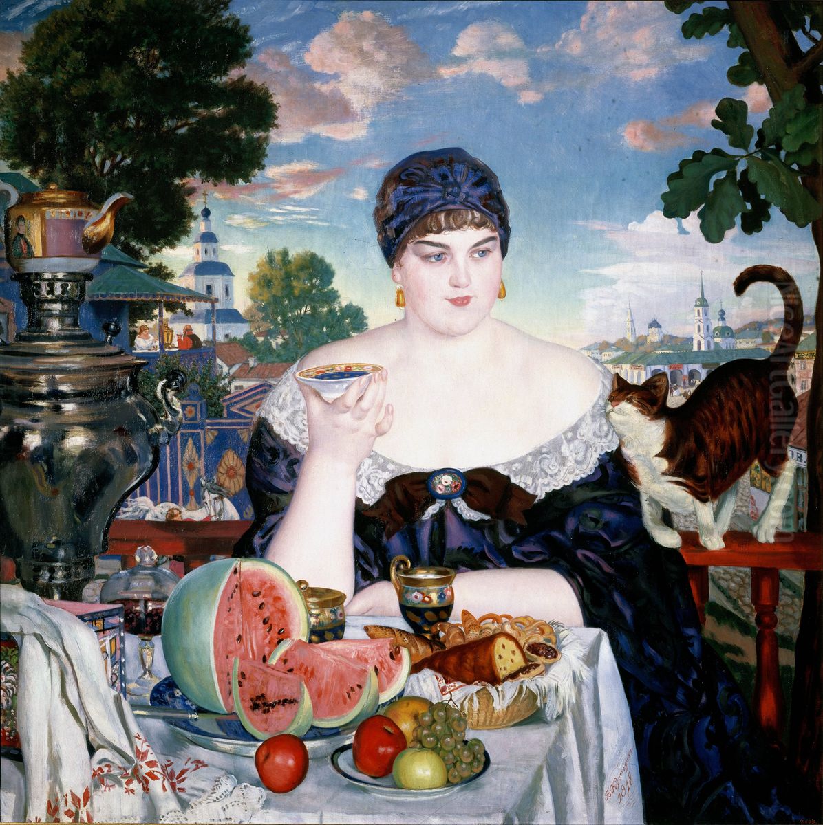 Merchant's Wife at Tea Oil Painting by Boris Kustodiev