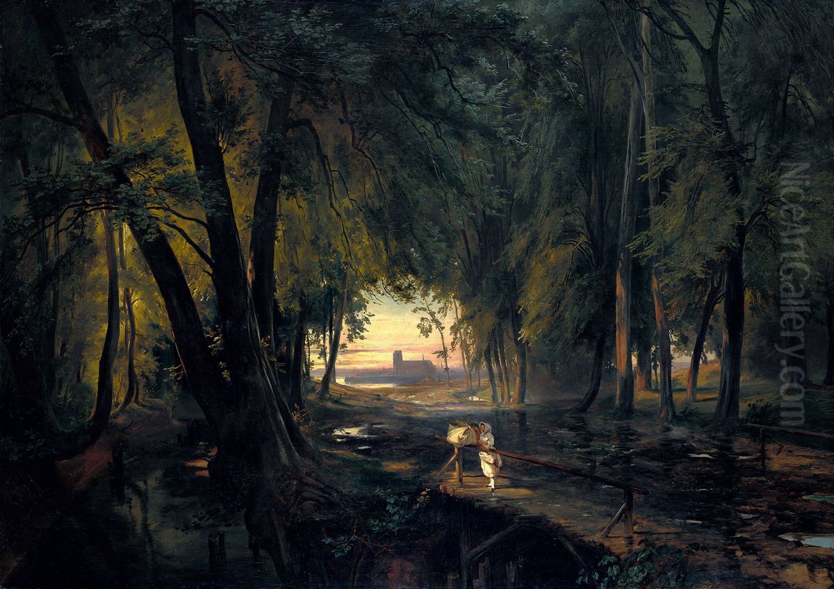 Forest path overlooking a church / Forest path near Spandau Oil Painting by Carl Blechen