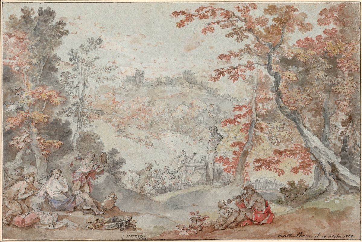 Italian Fall Landscape with Monte Porzio and an Offering to Pan, 1763 Oil Painting by Charles-Joseph Natoire