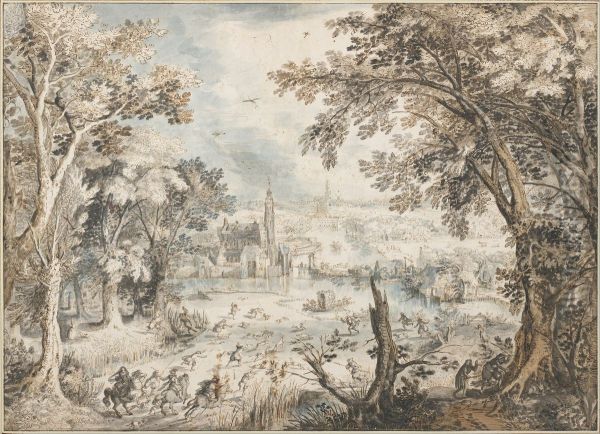 Landscape with a Hare Hunt Oil Painting by David Vinckboons I