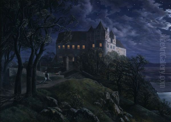 Burg Scharfenberg bei Nacht Oil Painting by Ernst Ferdinand Oehme