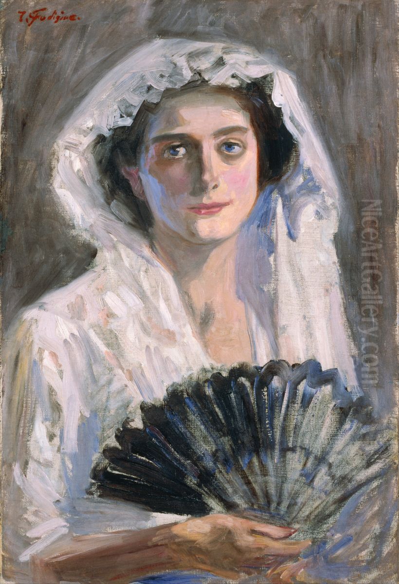 Black Fan Oil Painting by Fujishima Takeji