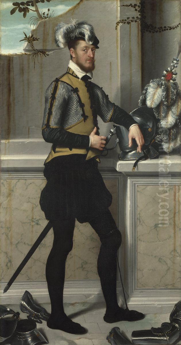 A Knight with his Jousting Helmet Oil Painting by Giovanni Battista Moroni