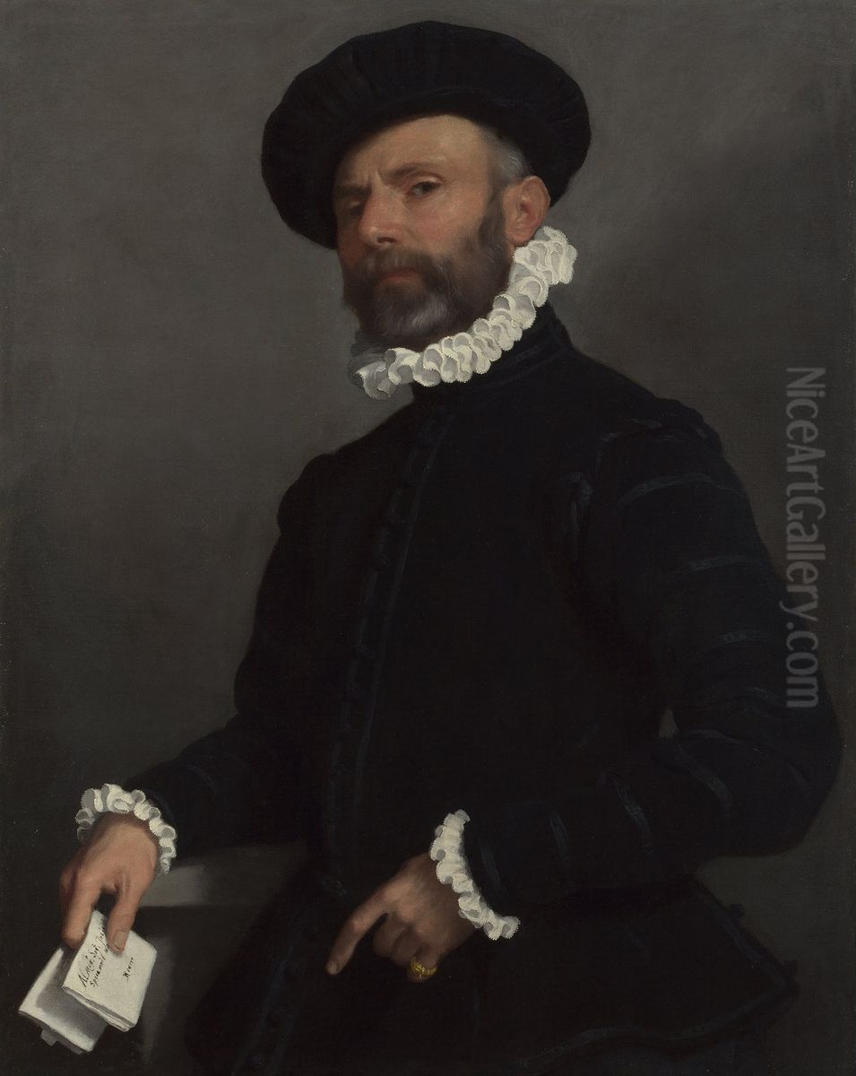 Portrait of a Man holding a Letter (\ Oil Painting by Giovanni Battista Moroni