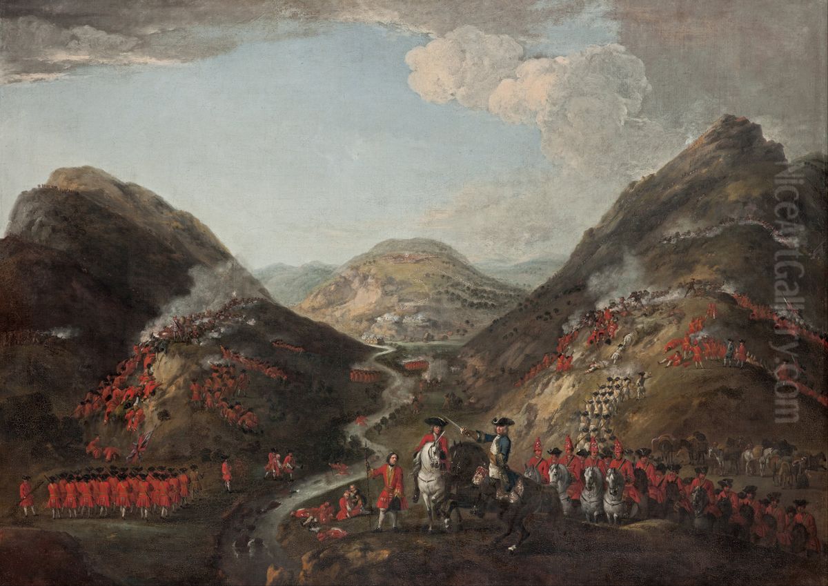 The Battle of Glenshiel 1719. Figures probably include Lord George Murray, c 1700 - 1760; Rob Roy MacGregor, 1671 - 1734; and General Joseph Wightman, d. 1722 Oil Painting by Peter Tillemans