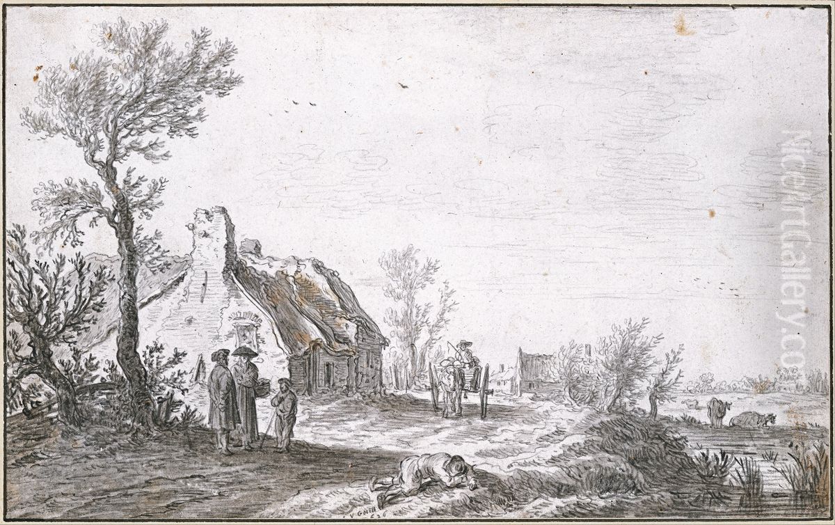 Country Road with a Dog Cart in front of a Farmstead Oil Painting by Jan van Goyen