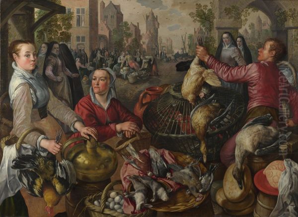 Air. A Poultry Market with the Prodigal Son in the Background Oil Painting by Joachim Beuckelaer
