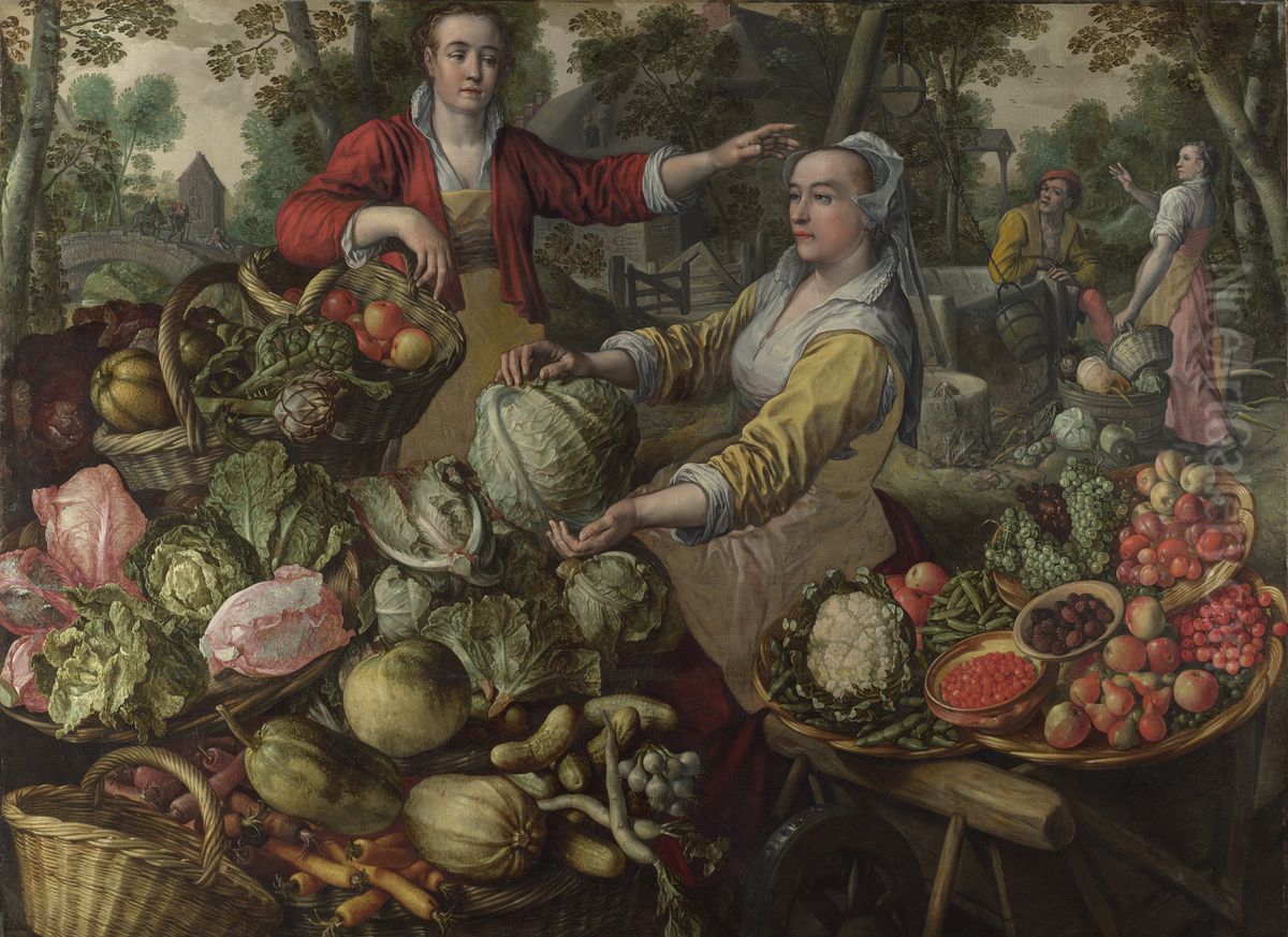 Earth. A Fruit and Vegetable Market with the Flight into Egypt in the Background Oil Painting by Joachim Beuckelaer