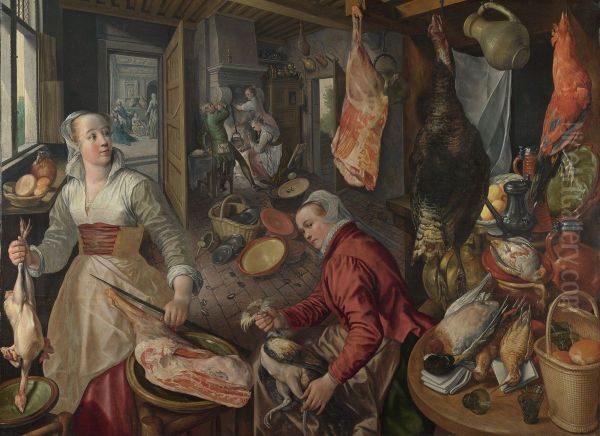 Fire. A Kitchen Scene with Christ in the House of Martha and Mary in the Background Oil Painting by Joachim Beuckelaer