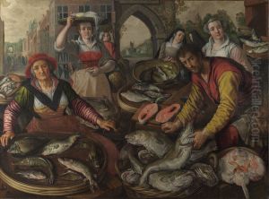 Water. A Fish Market with the Miraculous Draught of Fishes in the Background