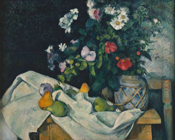 Fleurs dans un pot de gingembre et fruits Oil Painting by Paul Cezanne