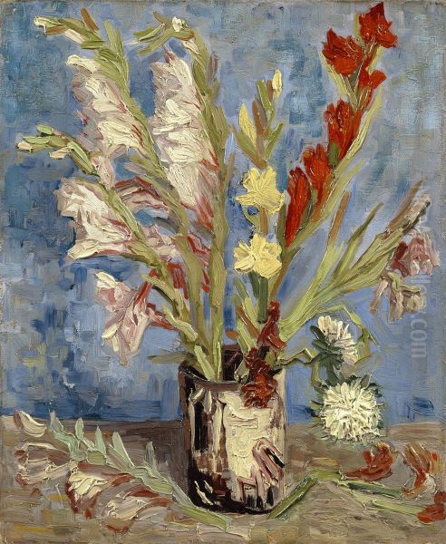 Vaas met tuingladiolen en Chinese asters Oil Painting by Vincent Van Gogh