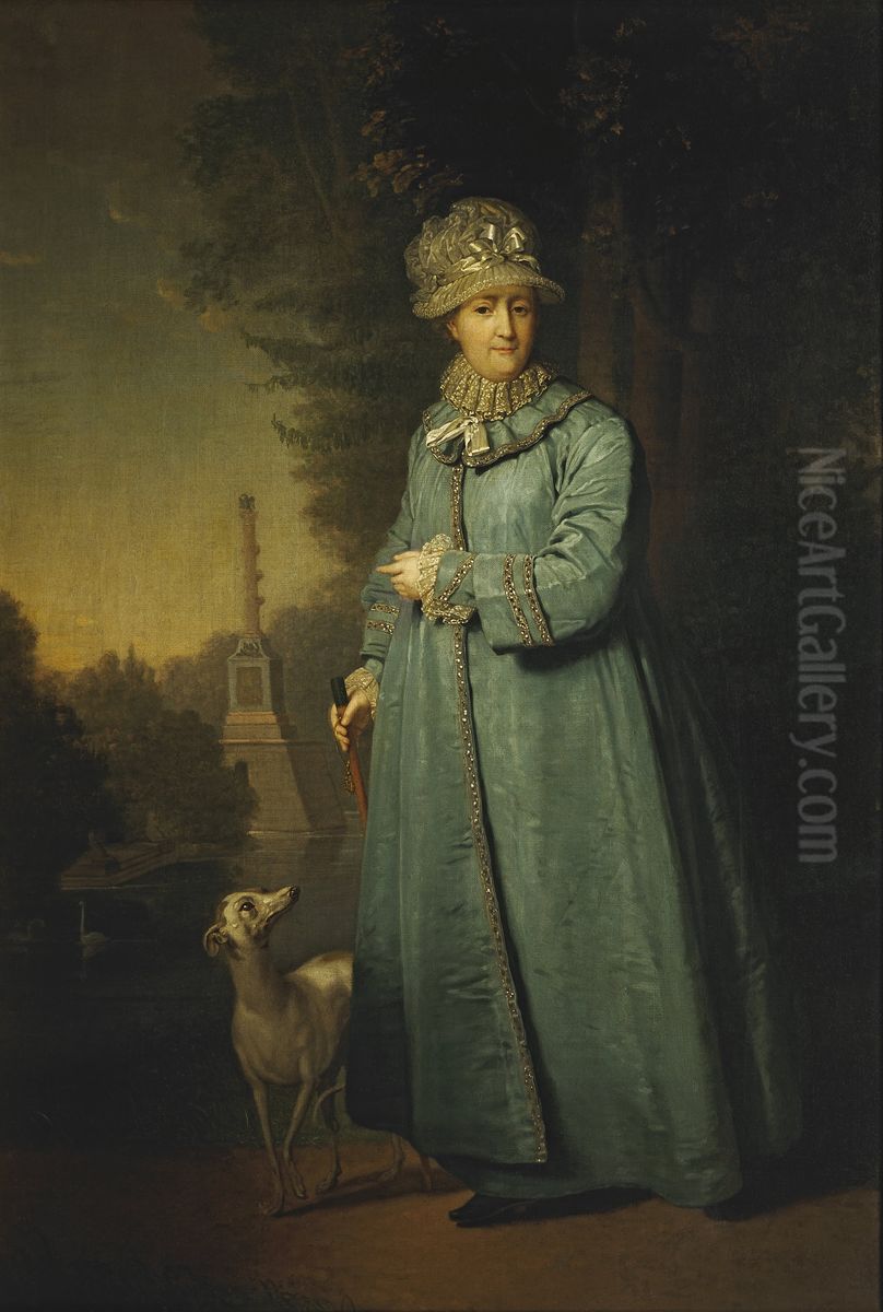 Catherine IIduring a walk in the Tsarskosyelsky Park[with theChesmensky Columnin the background] Oil Painting by Vladimir Borovikovsky