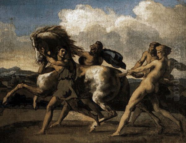 Horse Stopped by Four Young People Oil Painting by Theodore Gericault