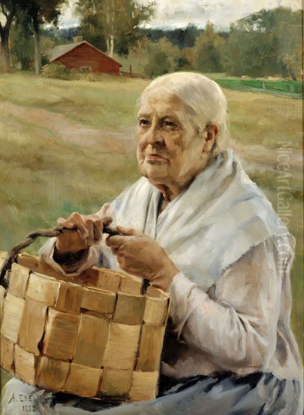 Old Woman with a Chip Basket Oil Painting by Albert Edelfelt