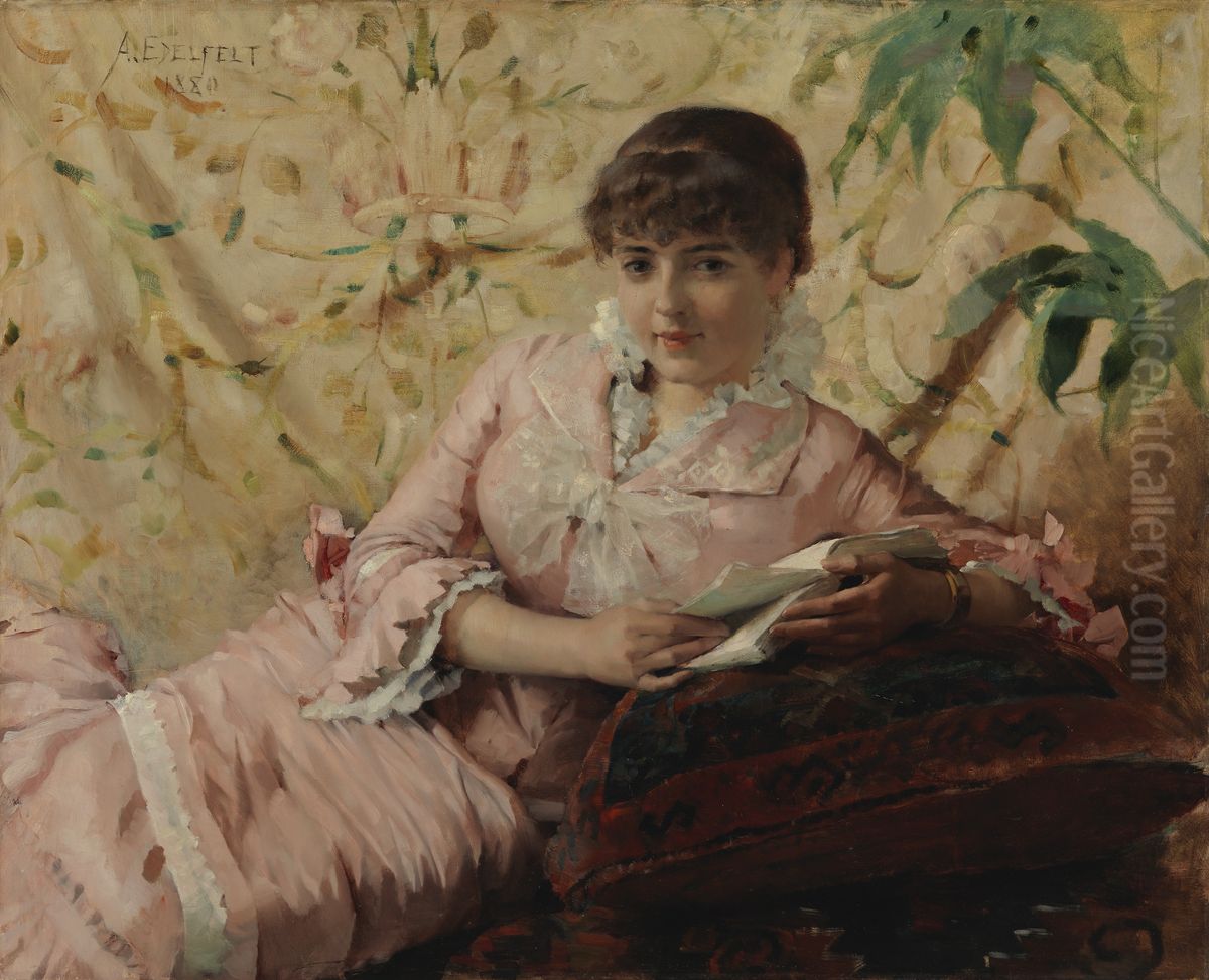 Reading Parisienne Oil Painting by Albert Edelfelt