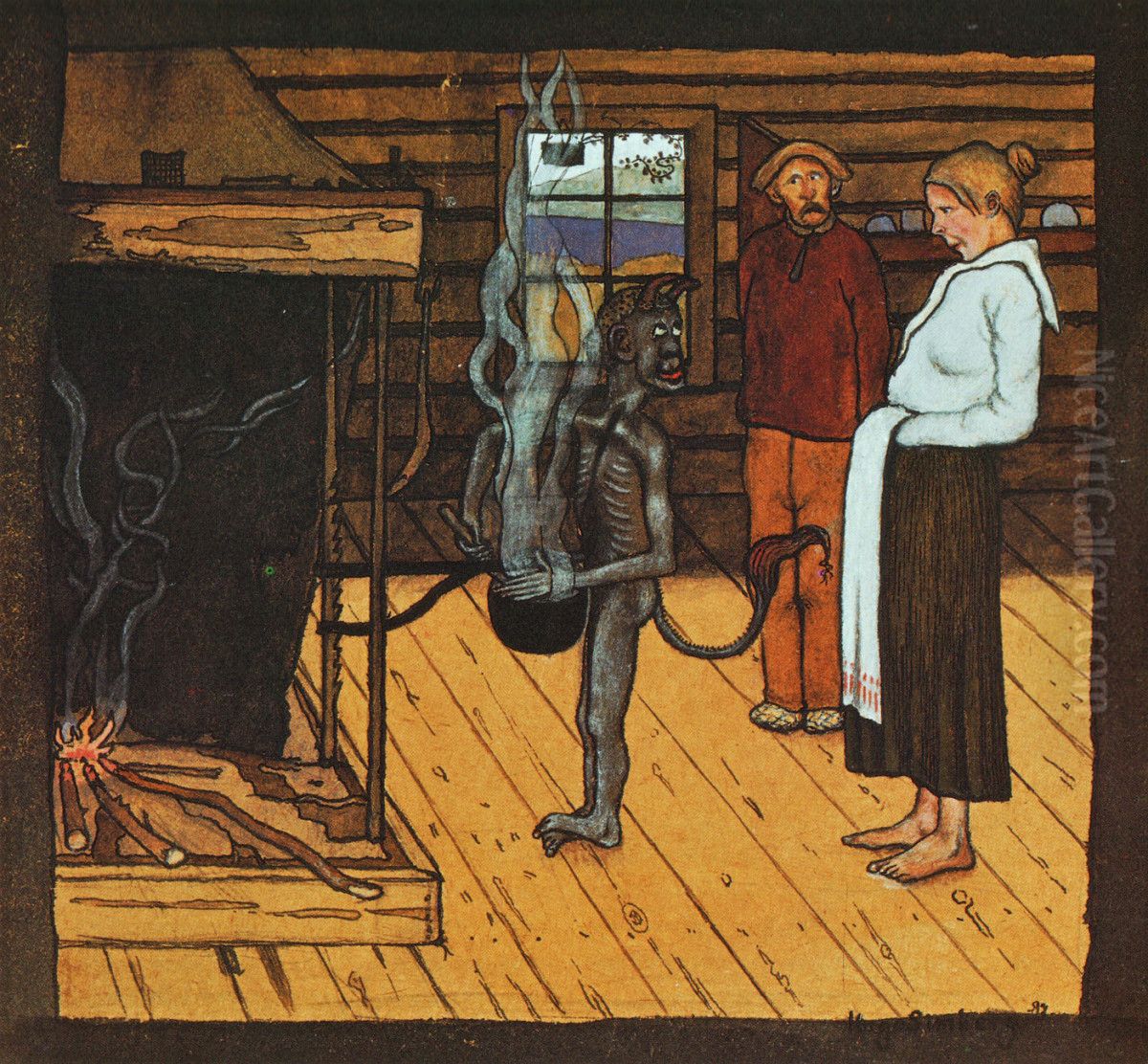 The Poor Devil by the Fire ; The Devil by the Pot Oil Painting by Hugo Simberg