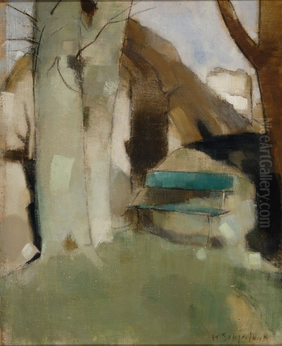 Shadow on the Wall II (Green Bench) Oil Painting by Helene Schjerfbeck