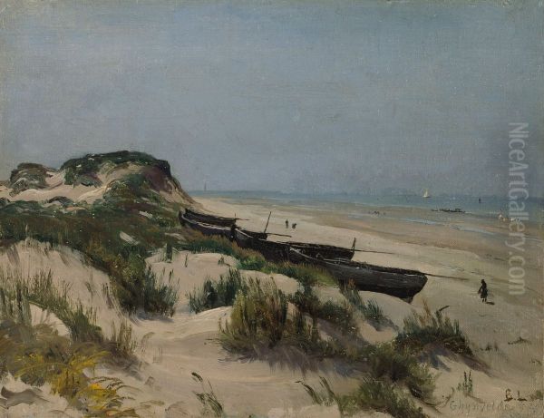 Boats on the Shore Oil Painting by Berndt Lindholm