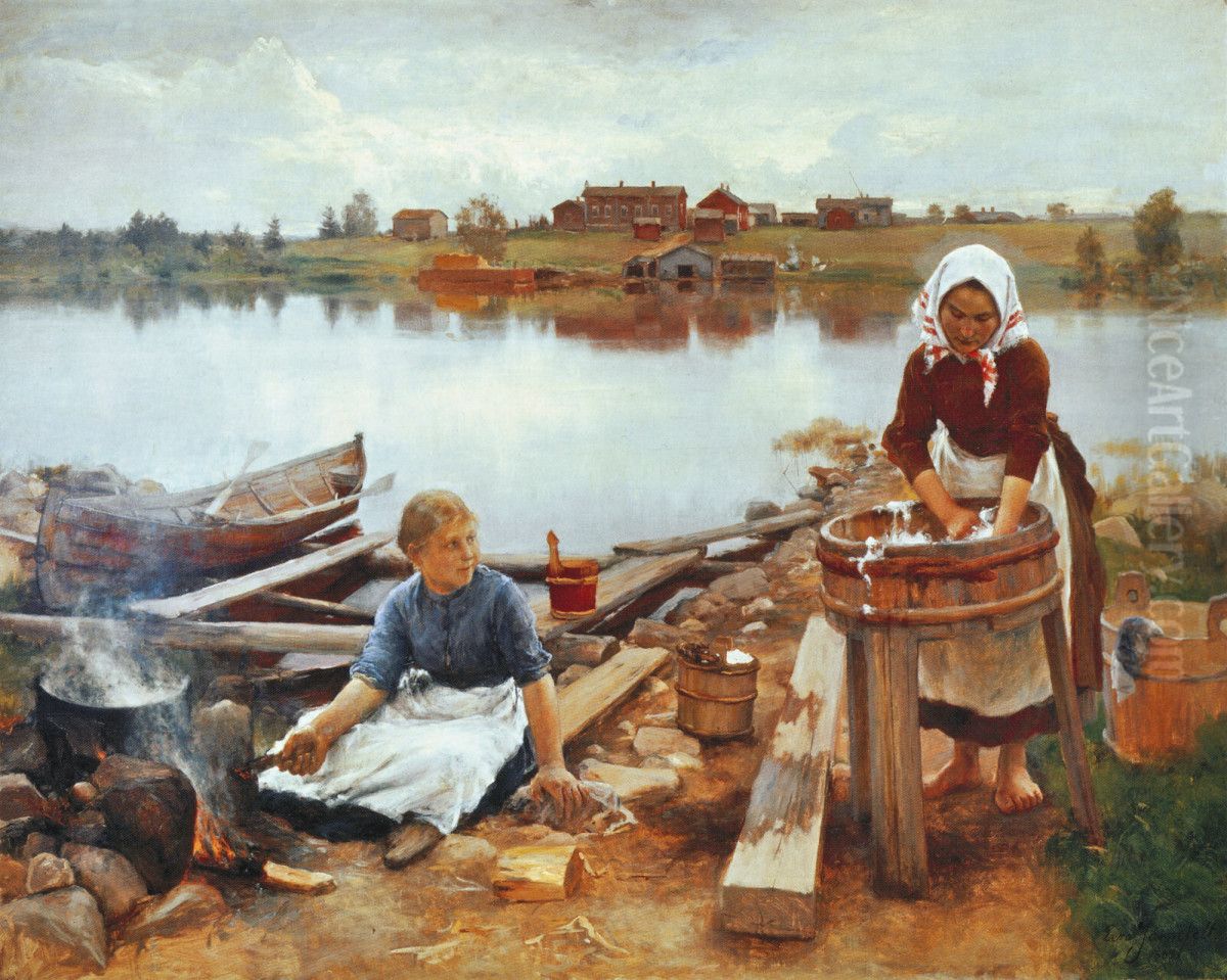 Laundry at the River Bank Oil Painting by Eero Jarnefelt