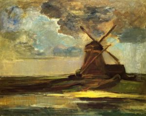 Oostzijdse mill with panoramic sunset and brightly reflected colors