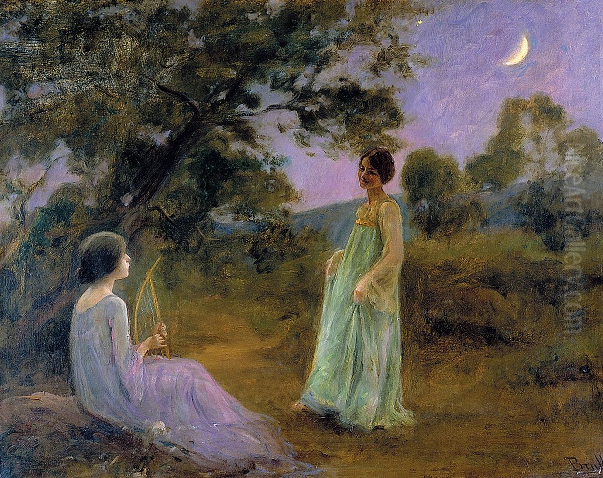 Paisatge nocturn amb dues noies Oil Painting by Joan Brull Vinyoles