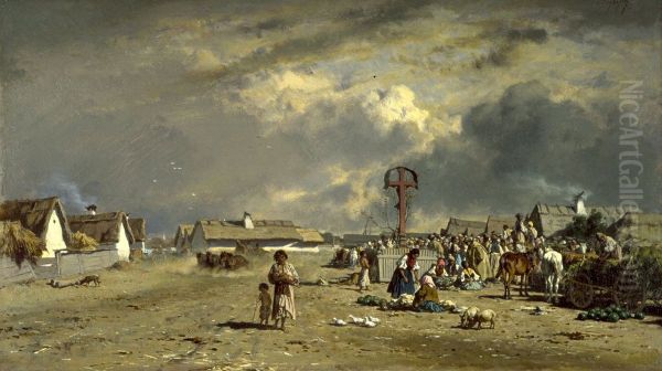 The Market at Szolnok, Hungary Oil Painting by August von Pettenkofen