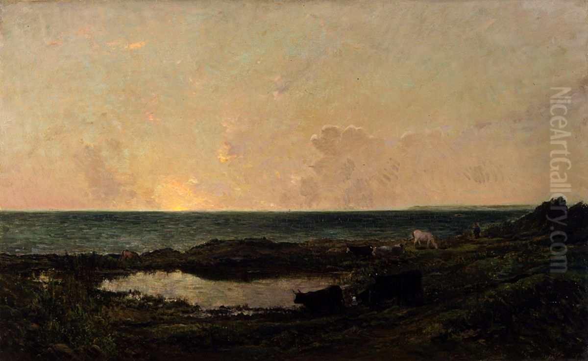 Sunset on the Coast at Villerville Oil Painting by Charles-Francois Daubigny