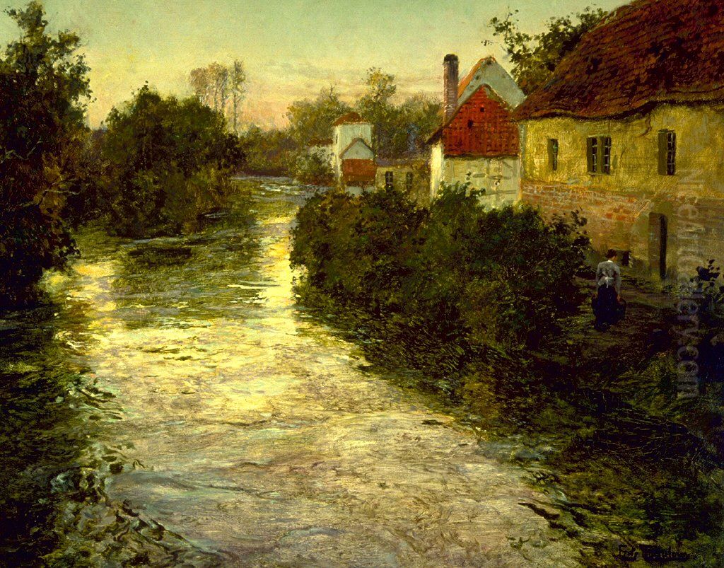 Village on the Bank of a Stream Oil Painting by Frits Thaulow